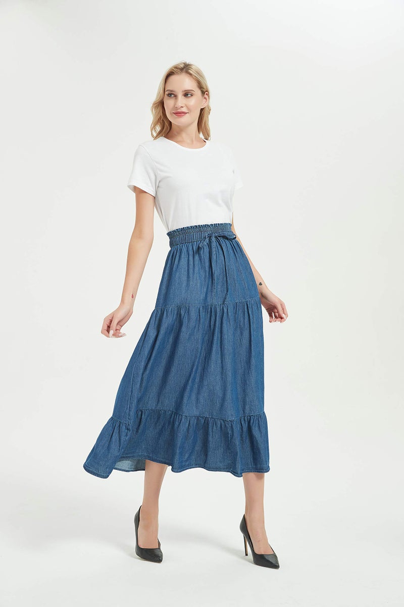 Tronjori Womens A Line Long Midi Chino Denim Skirt Tired Pleated Layers Elastic Waist Front Drawstring(M, Denim Blue) - Image 5